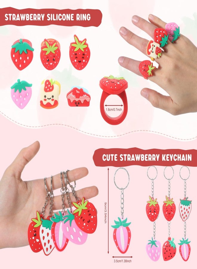 Landical 194 Pcs Cute Strawberry Party Favors Includes Pendant Keychain Silicone Ring Bracelet Stickers Bubble Sticker Party Tags Organza Bag Stampers for Baby Shower Birthday Party Class Reward - Image 4